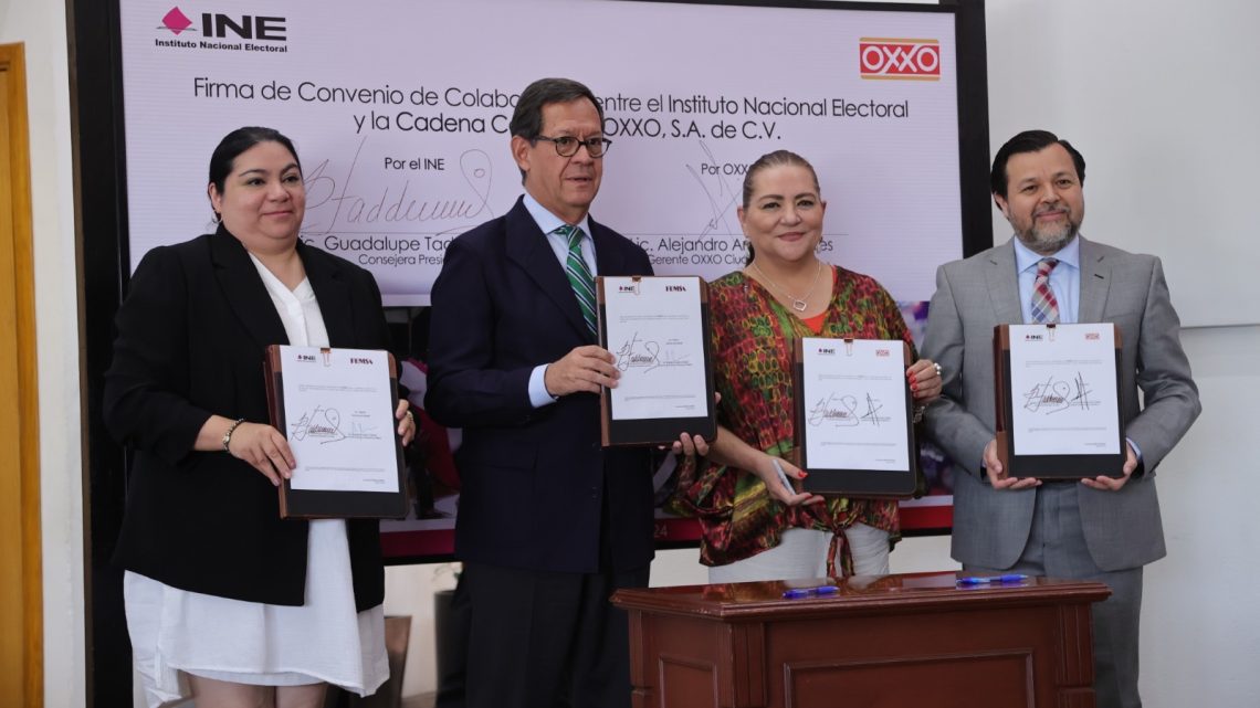Firman convenio INE, FEMSA y OXXO para informar sobre proceso electoral 2024